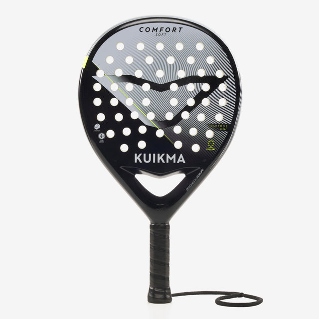 Kuikma Comfort Soft padelracket voor volwassenen, grijs met zwart, voorkant met polsband, tweedehands