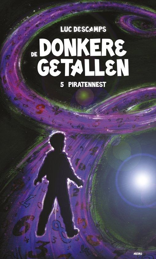 De donkere getallen 5 Piratennest, Luc Descamps, paarse omslag met een silhouet van een jongen, tweedehands