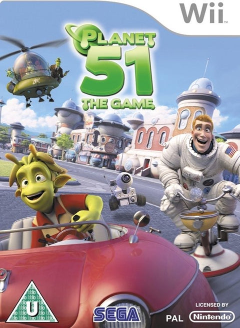 Nintendo Wii Planet 51 The Game van SEGA, doos voorkant met groen wezen en astronaut, tweedehands