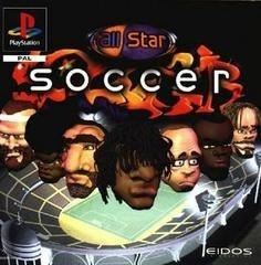 PlayStation 1 All Star Soccer van Eidos, hoes met karikaturale voetballers boven een stadion, tweedehands