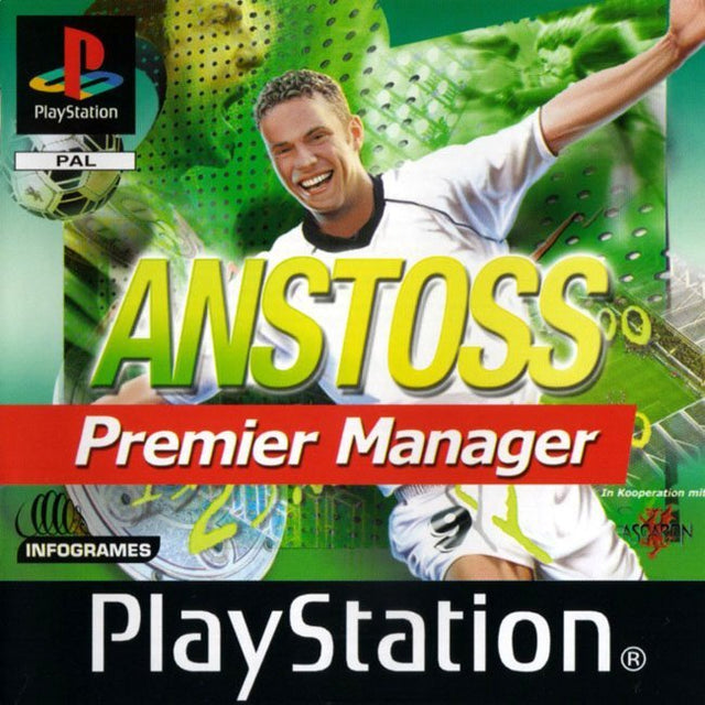 PlayStation 1 Anstoss Premier Manager, Duitstalige doos voorkant met een juichende voetballer, tweedehands