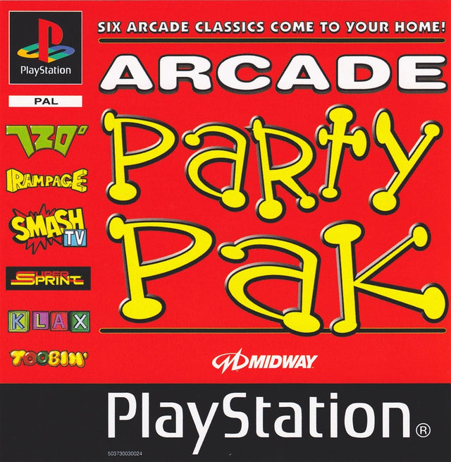 PlayStation 1 Arcade Party Pak van Midway, rode PAL-hoes met de logo's van zes arcadespellen, tweedehands