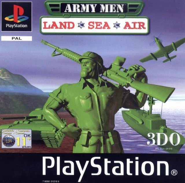 PlayStation 1 Army Men Land Sea Air van 3DO, PAL-hoes met groene speelgoedsoldaat, tank en vliegtuig, tweedehands