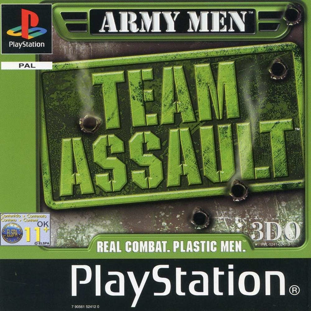 PlayStation 1 Army Men Team Assault van 3DO, PAL-hoes met groen legerbord met kogelgaten, tweedehands