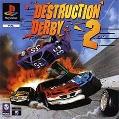 PlayStation 1 Destruction Derby 2 van Psygnosis, PAL-hoes met botsende raceauto's in vlammen, tweedehands