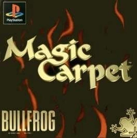 PlayStation 1 Magic Carpet van Bullfrog, donkerrode hoes met gouden titel, tweedehands