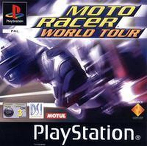 PlayStation 1 Moto Racer World Tour, PAL-hoes met blauwe racemotor in volle vaart, tweedehands