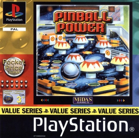 PlayStation 1 Pinball Power van Midas, PAL-hoes met kleurrijke flipperkast en Pocket Price-logo, tweedehands