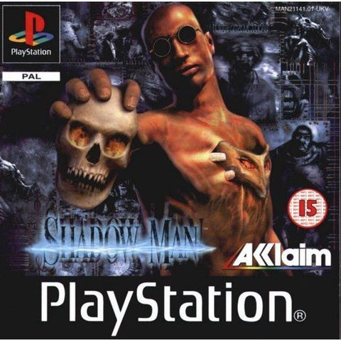 PlayStation 1 Shadow Man van Acclaim, PAL-hoes met man met zonnebril en schedel, BBFC 15, tweedehands