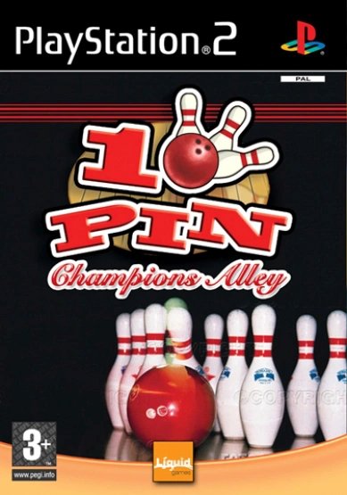 PlayStation 2 10 Pin Champions Alley van Liquid Games, doos voorkant met een bowlingbal en kegels, tweedehands