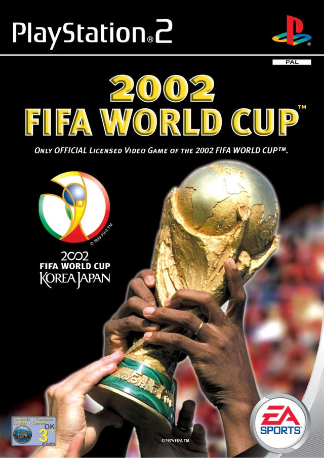 PlayStation 2 2002 FIFA World Cup van EA Sports, doos voorkant met handen die de wereldbeker omhoog houden, tweedehands