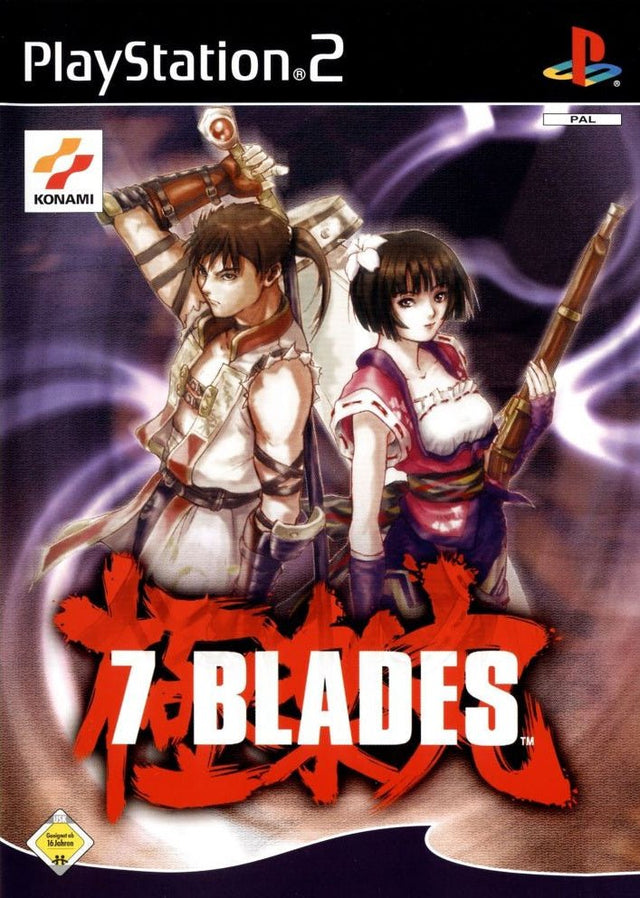 PlayStation 2 7 Blades van Konami, doos voorkant met een zwaardvechter en een vrouw met geweer, tweedehands
