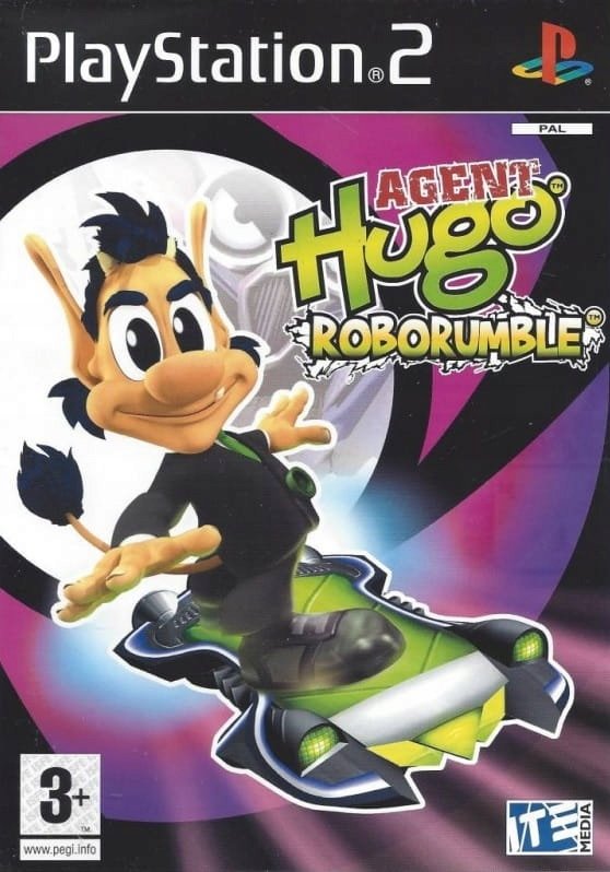 PlayStation 2 Agent Hugo Roborumble van ITE, doos voorkant met Hugo op een groen zweefvoertuig, tweedehands