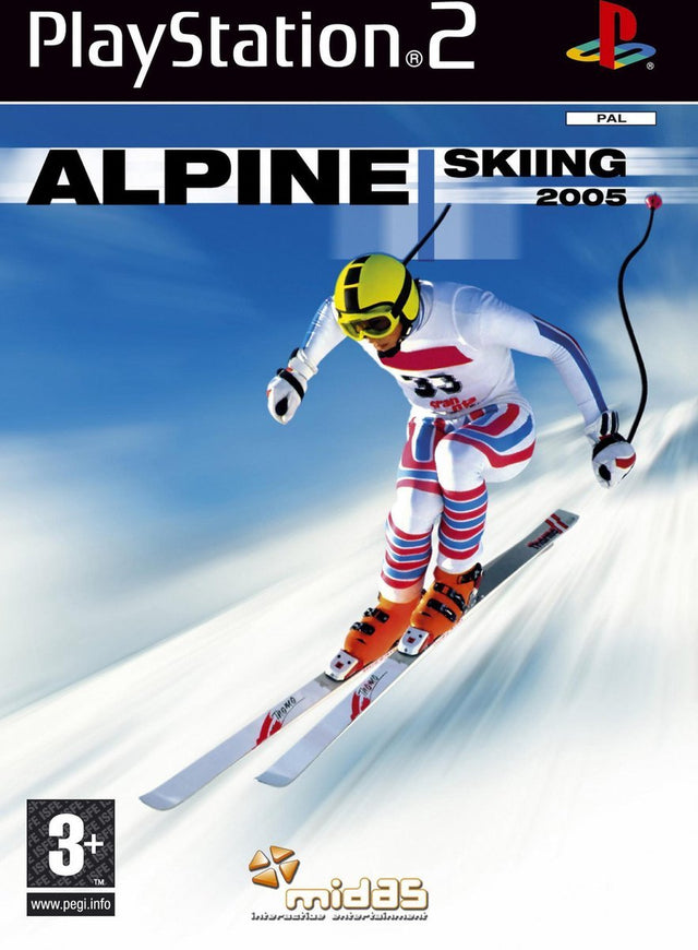 PlayStation 2 Alpine Skiing 2005 van Midas, doos voorkant met een skiër in de afdaling, tweedehands