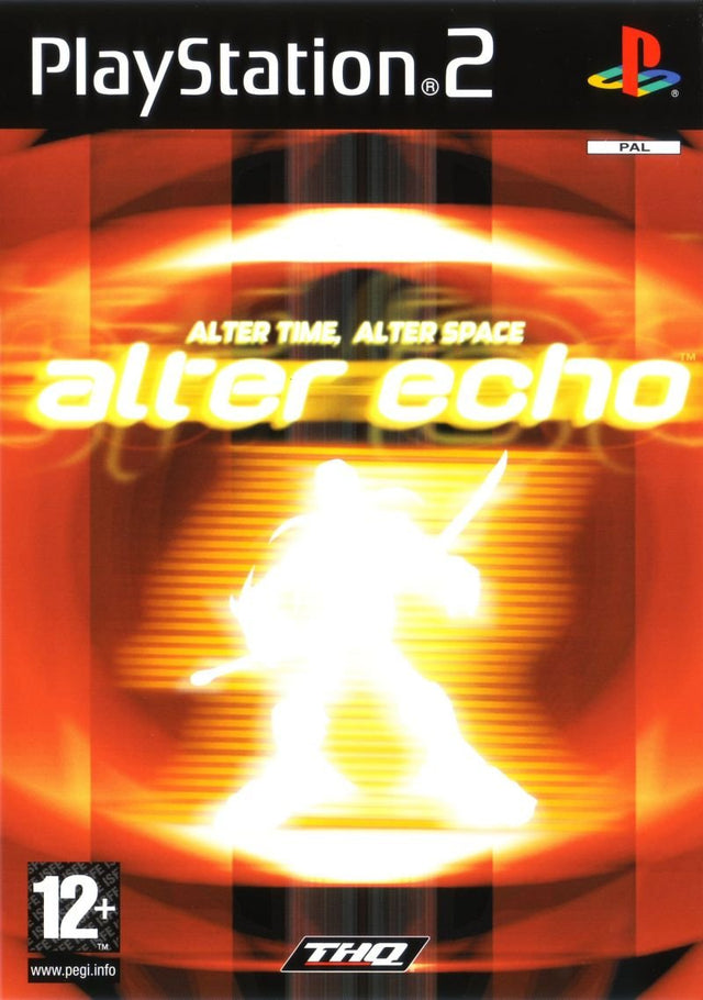 PlayStation 2 Alter Echo van THQ, doos voorkant met een gloeiend silhouet in oranje licht, tweedehands
