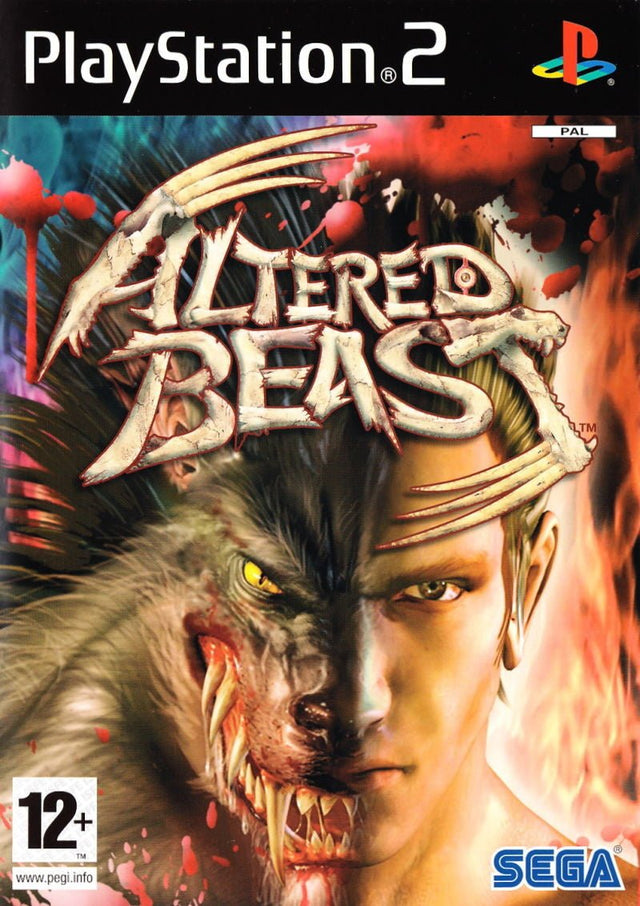 PlayStation 2 Altered Beast van Sega, doos voorkant met een half mens half weerwolf gezicht, tweedehands