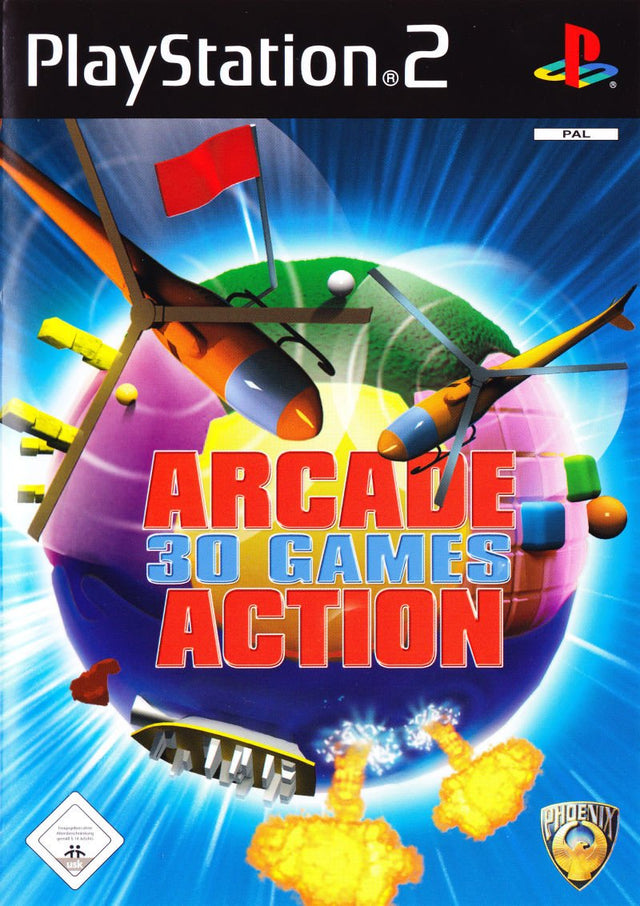 PlayStation 2 Arcade Action 30 Games van Phoenix, doos voorkant met een kleurrijke speelwereld, tweedehands