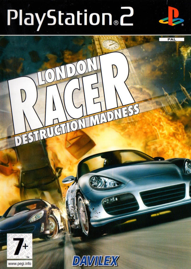PlayStation 2 Autobahn Raser Destruction Madness, doos voorkant met de titel London Racer en een sportwagen, tweedehands