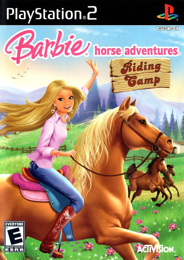 PlayStation 2 Barbie Horse Adventures Riding Camp van Activision, Amerikaanse doos voorkant met Barbie te paard, tweedehands