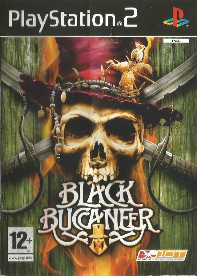 PlayStation 2 Black Buccaneer van 10tacle, doos voorkant met een piratenschedel en gekruiste zwaarden, tweedehands