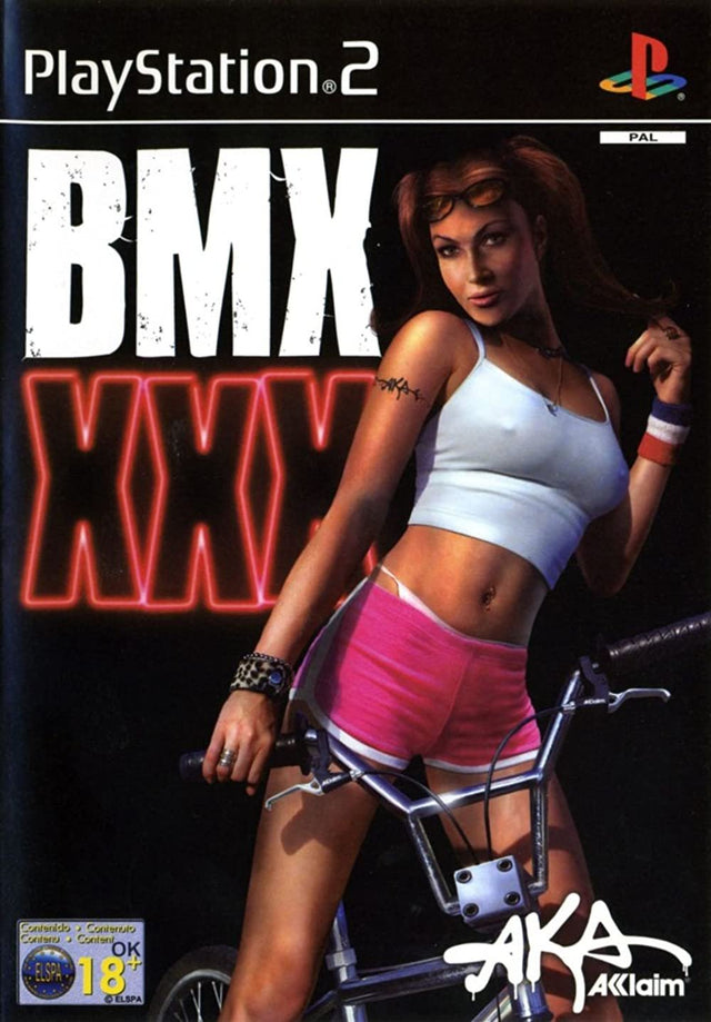 PlayStation 2 BMX XXX van Acclaim, doos voorkant met een vrouw bij een BMX-fiets, tweedehands