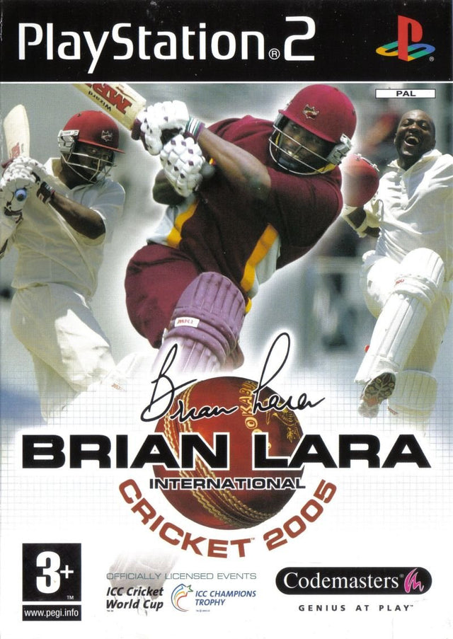 PlayStation 2 Brian Lara International Cricket 2005 van Codemasters, doos voorkant met een slagman en cricketbal, tweedehands