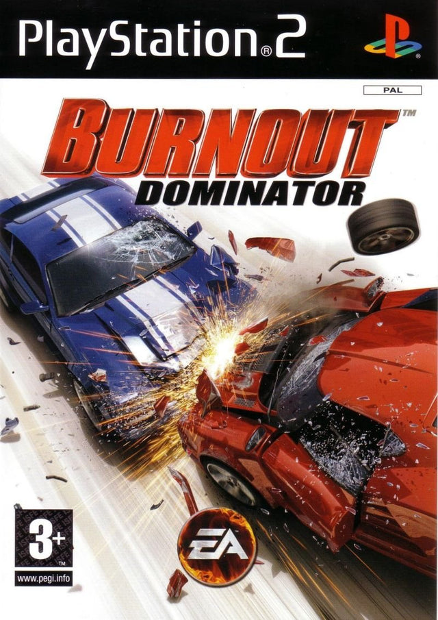 PlayStation 2 Burnout Dominator van EA, doos voorkant met twee botsende auto's, tweedehands