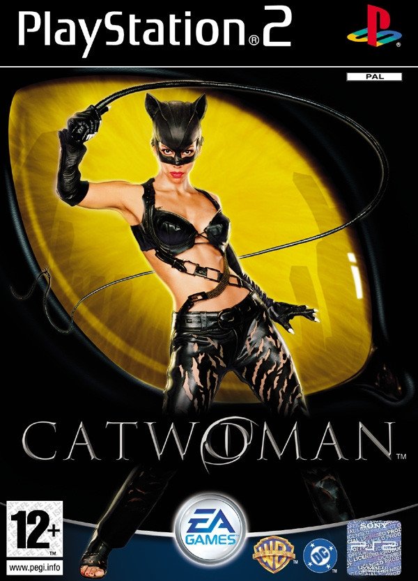 PlayStation 2 Catwoman van EA Games, doos voorkant met Catwoman met zweep voor een gele maan, tweedehands