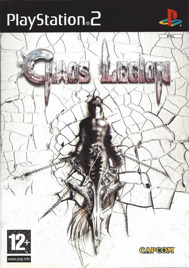 PlayStation 2 Chaos Legion van Capcom, witte doos voorkant met een figuur tegen gebarsten muur, tweedehands