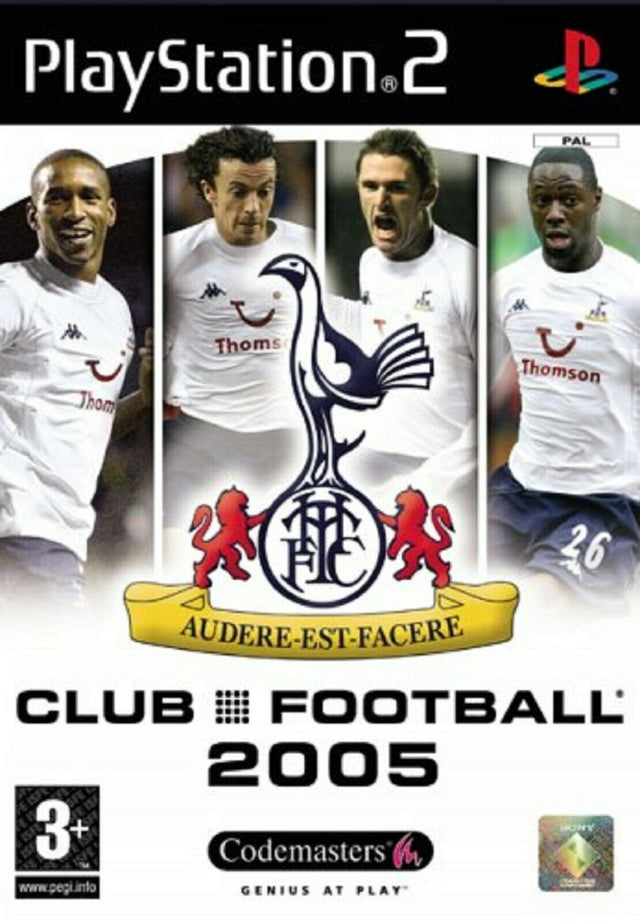 PlayStation 2 Club Football 2005 Tottenham Hotspur van Codemasters, doos voorkant met spelers en clubembleem, tweedehands