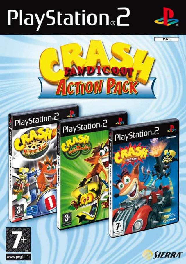 PlayStation 2 Crash Bandicoot Action Pack, doos voorkant met Nitro Kart, Twinsanity en Tag Team Racing, tweedehands