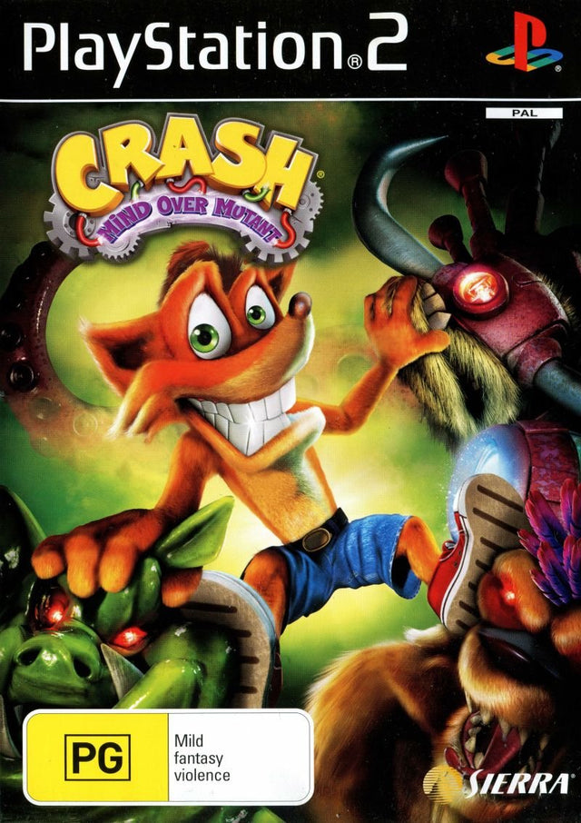PlayStation 2 Crash Mind over Mutant van Sierra, Australische doos voorkant met Crash Bandicoot en monsters, tweedehands