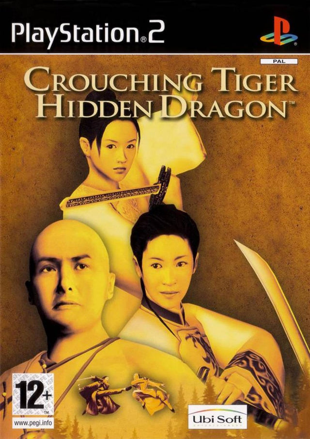 PlayStation 2 Crouching Tiger, Hidden Dragon van Ubi Soft, gouden doos voorkant met drie hoofdpersonen, tweedehands