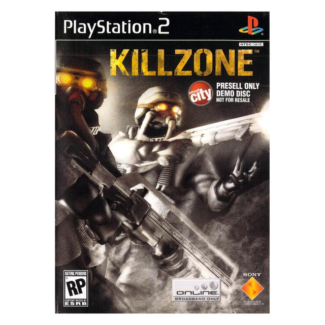 PlayStation 2 Demo Disc Killzone NTSC, doos voorkant met Helghast-soldaten en de tekst Presell Only Demo Disc, tweedehands