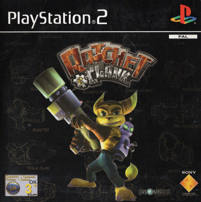 PlayStation 2 Demo Disc Ratchet en Clank, doos voorkant met Ratchet met een groot wapen en Clank op zijn rug, tweedehands