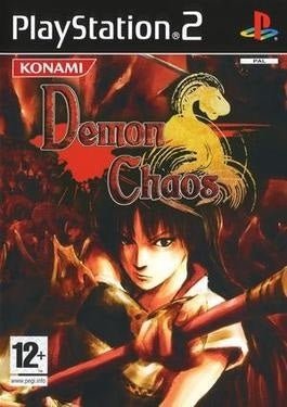 PlayStation 2 Demon Chaos van Konami, doos voorkant met een krijger op een rode achtergrond, tweedehands