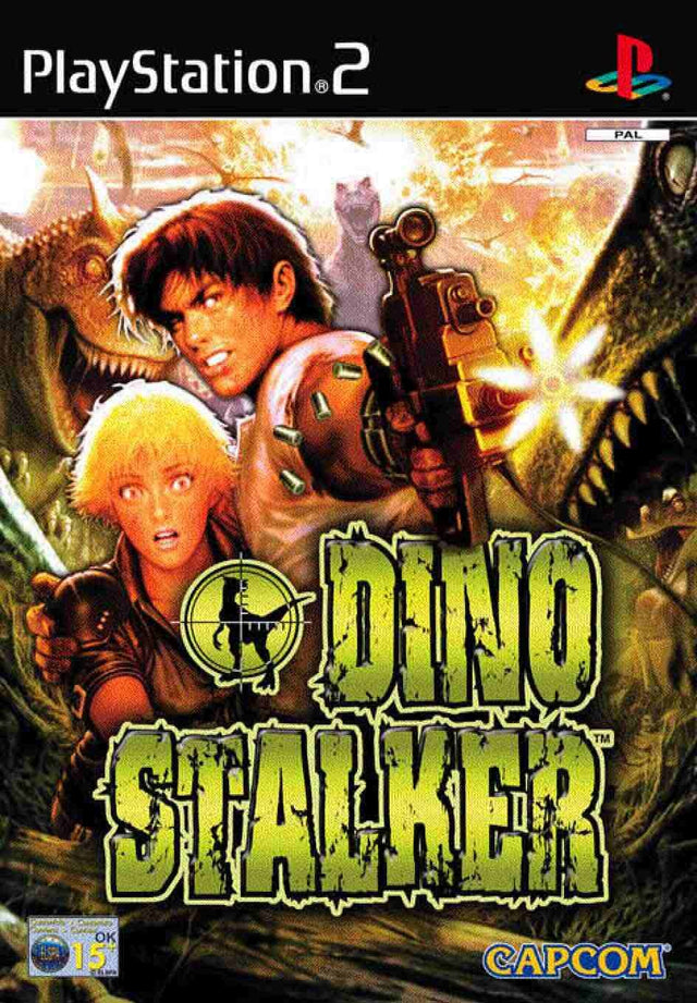 PlayStation 2 Dino Stalker, doos voorkant met een man met geweer en dinosaurussen, tweedehands