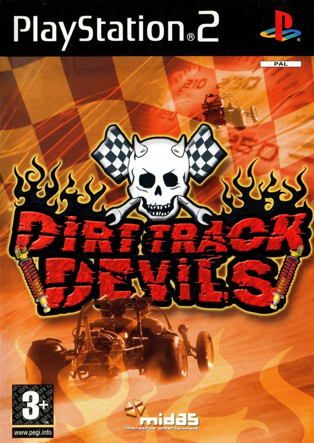 PlayStation 2 Dirt Track Devils van Midas, oranje doos voorkant met een doodshoofd en een buggy, tweedehands