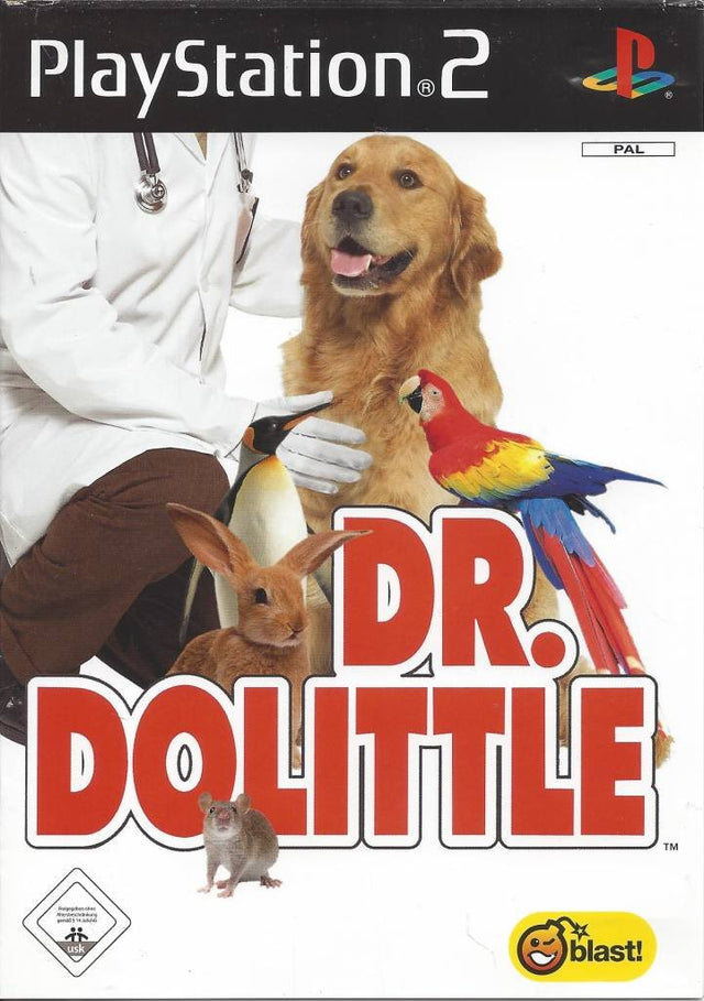 PlayStation 2 Dr. Dolittle van Blast, doos voorkant met een hond, papegaai, pinguïn en konijn bij een dierenarts
