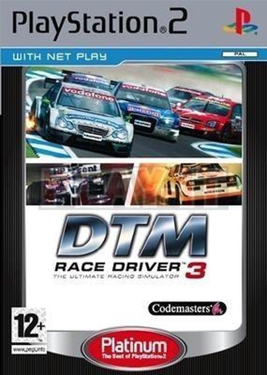PlayStation 2 DTM Race Driver 3, Platinum-uitgave, doos voorkant met DTM-raceauto's