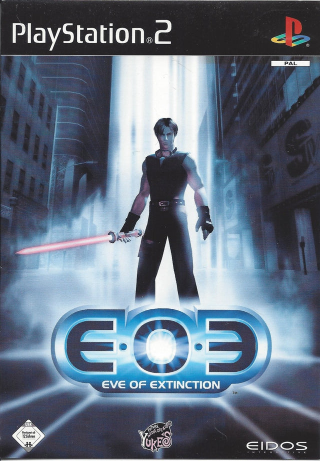 PlayStation 2 Eve of Extinction van Eidos, doos voorkant met een held met een lichtend zwaard, tweedehands