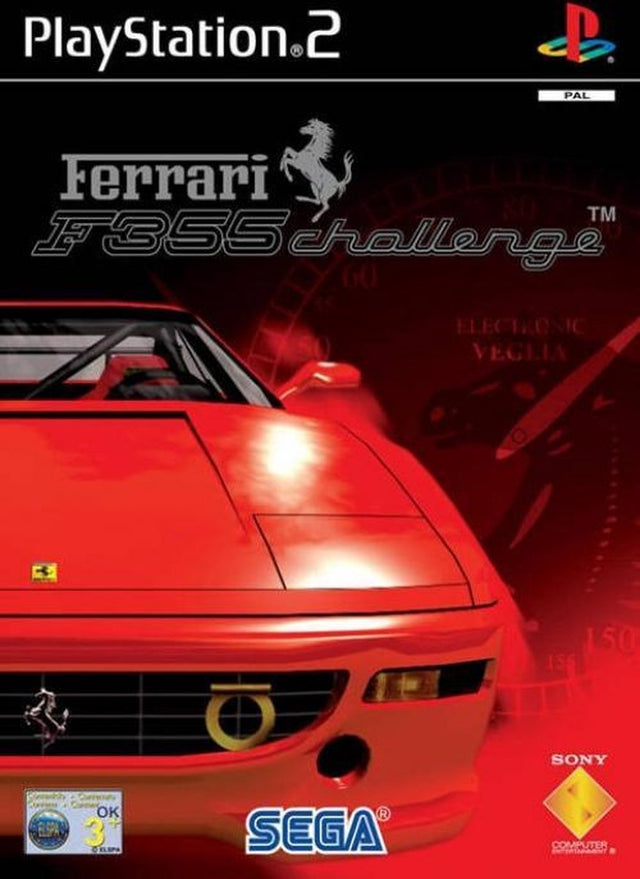 PlayStation 2 Ferrari F355 Challenge van Sega, doos voorkant met een rode Ferrari F355, tweedehands