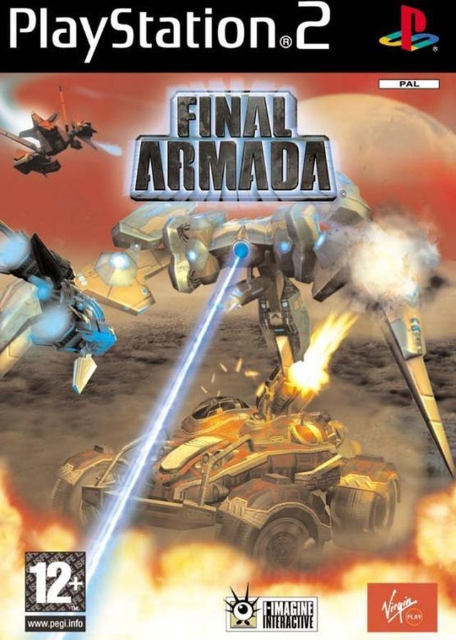 PlayStation 2 Final Armada van Virgin Play, doos voorkant met een gevechtsrobot en ruimteschepen, tweedehands
