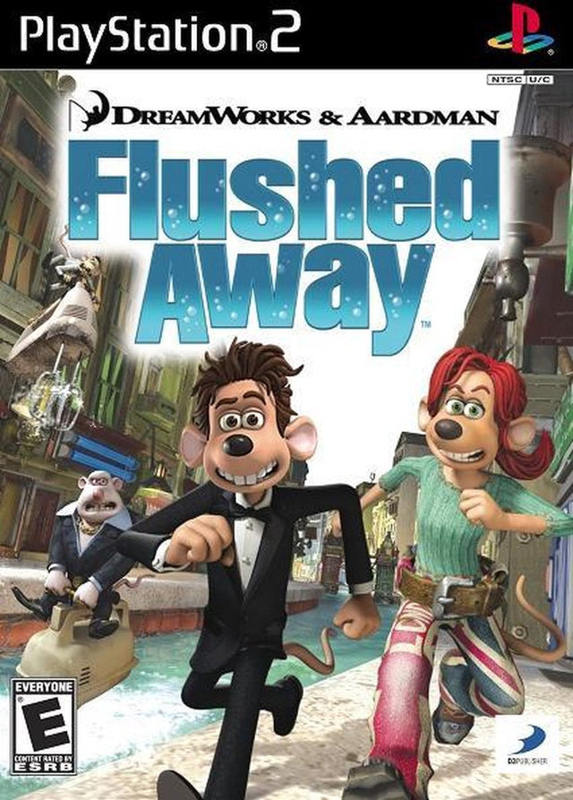 PlayStation 2 Flushed Away, doos voorkant met de ratten Roddy en Rita, Amerikaanse ESRB-uitgave, tweedehands