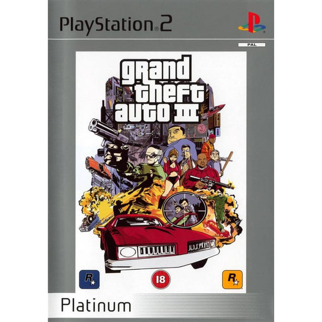 PlayStation 2 Grand Theft Auto III, Platinum-uitgave doos voorkant met getekende personages
