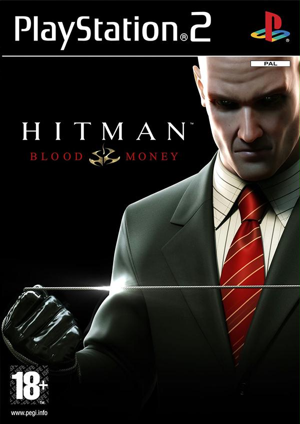 PlayStation 2 Hitman Blood Money, doos voorkant met Agent 47 in pak met een pianodraad, tweedehands