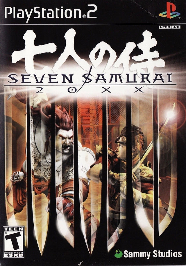 PlayStation 2 Seven Samurai 20XX van Sammy Studios, Amerikaanse doos voorkant met strijders tussen zwaarden, tweedehands