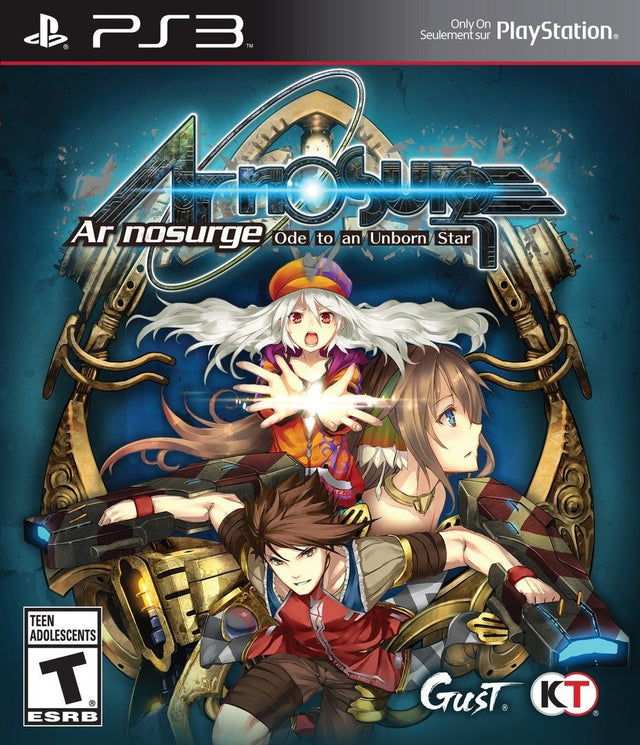 PlayStation 3 Ar Nosurge Ode to an Unborn Star van Tecmo Koei, doos voorkant met getekende figuren, Amerikaanse ESRB-uitgave