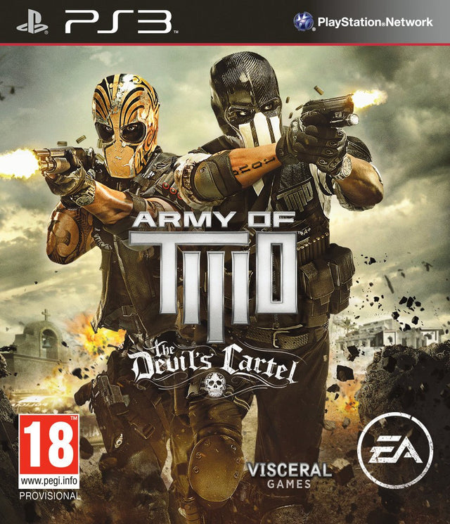 PlayStation 3 Army of Two The Devil's Cartel van EA, voorlopige doos voorkant met twee gemaskerde schutters