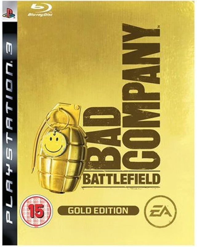 PlayStation 3 Battlefield Bad Company Gold Edition, gouden doos voorkant met een granaat met smiley